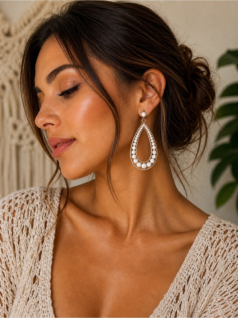 Boho Gold White Beaded Teardrop Earrings Statement Chic Lightweight Dangle